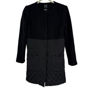 Armani Exchange Quilted Wool Long Coat Women size XS Black Collarless Snap Close